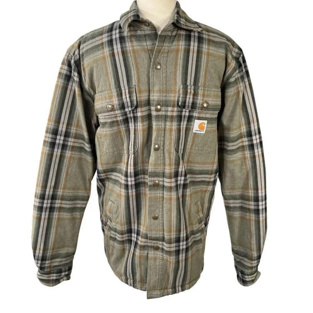 Carhartt Men's Relaxed Fit Plaid Flannel Shirt Sherpa Lined Shirt Jacket Size S